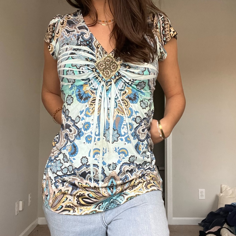 Y2k teal blouse, size large